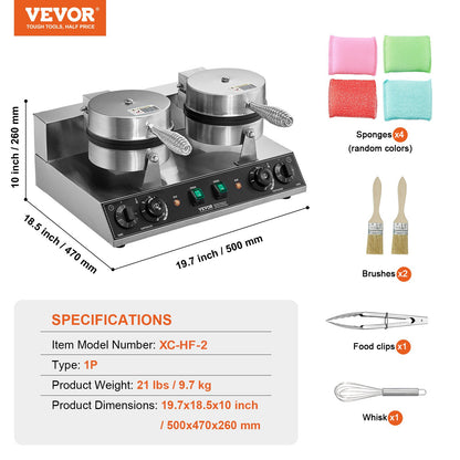 Máquina Profissional de Waffles Dupla 2460W em Aço Inox