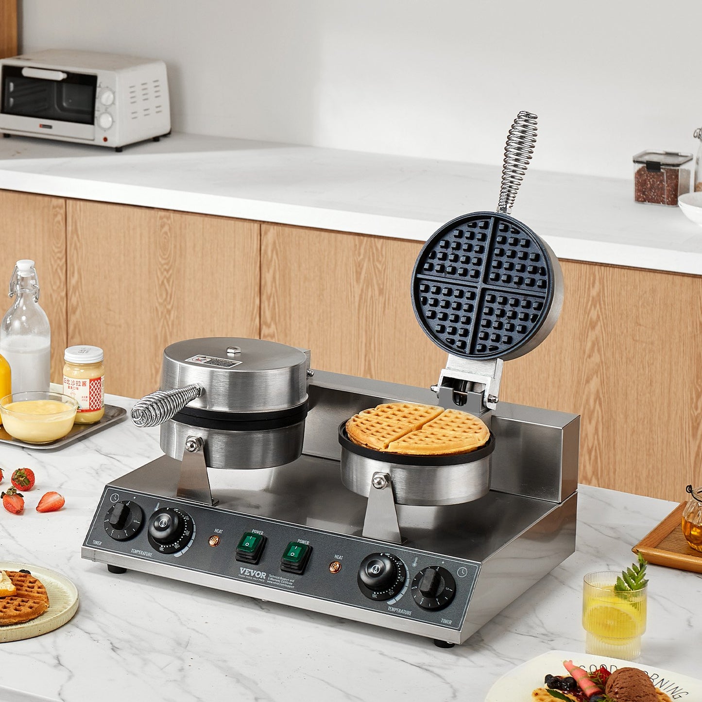 Máquina Profissional de Waffles Dupla 2460W em Aço Inox