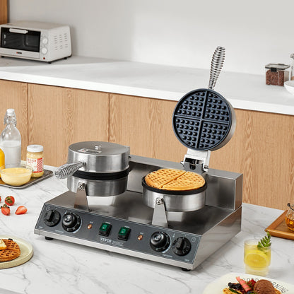 Máquina Profissional de Waffles Dupla 2460W em Aço Inox