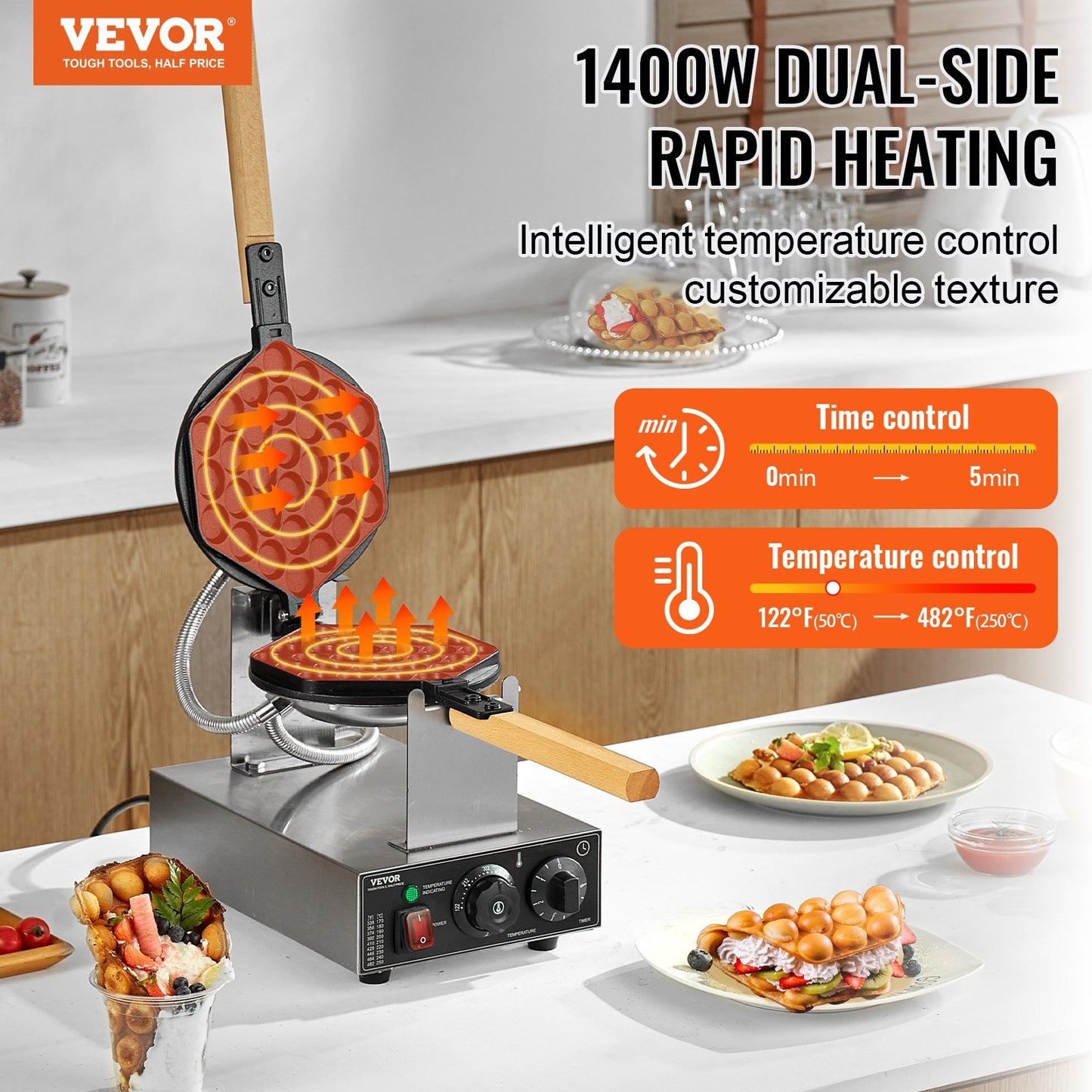 Máquina Profissional para Waffles Bolha 1400W VEVOR