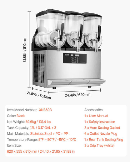 Máquina Slushy Comercial VEVOR 12Lx3 Tanques Triplo