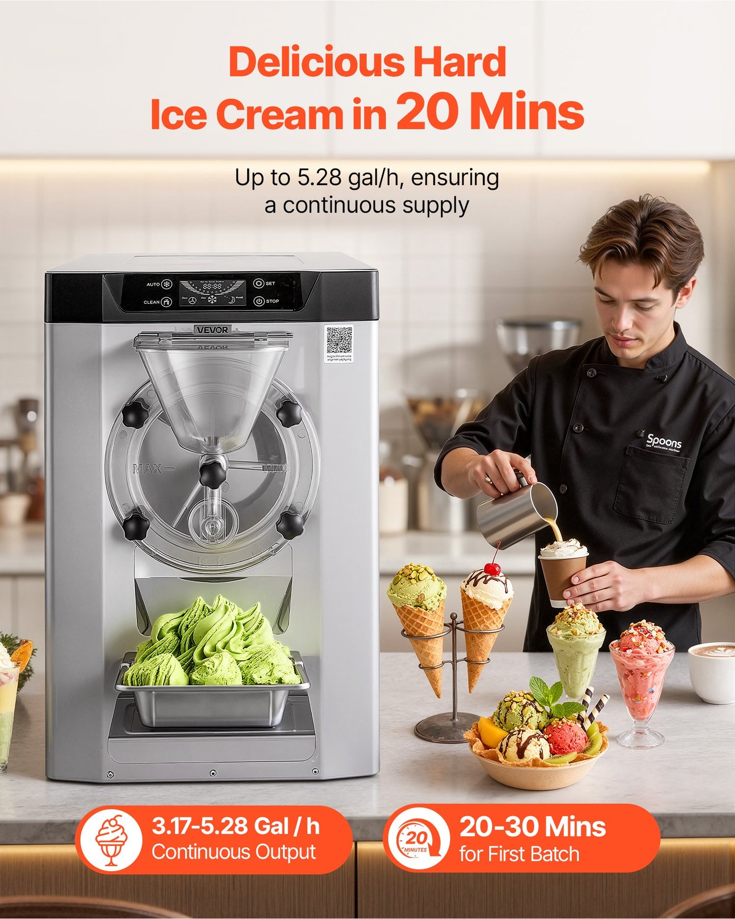 Máquina Comercial de Gelado Duro VEVOR 2000W 12-20L/h