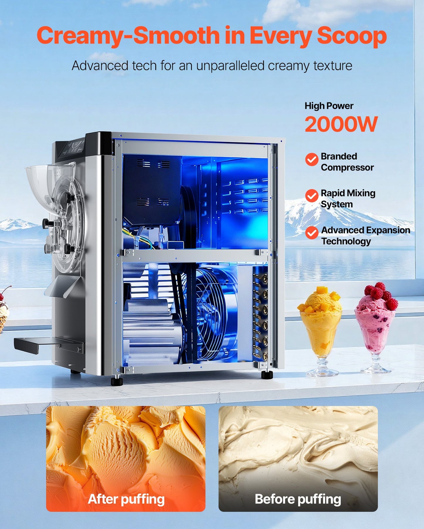 Máquina Comercial de Gelado Duro VEVOR 2000W 12-20L/h