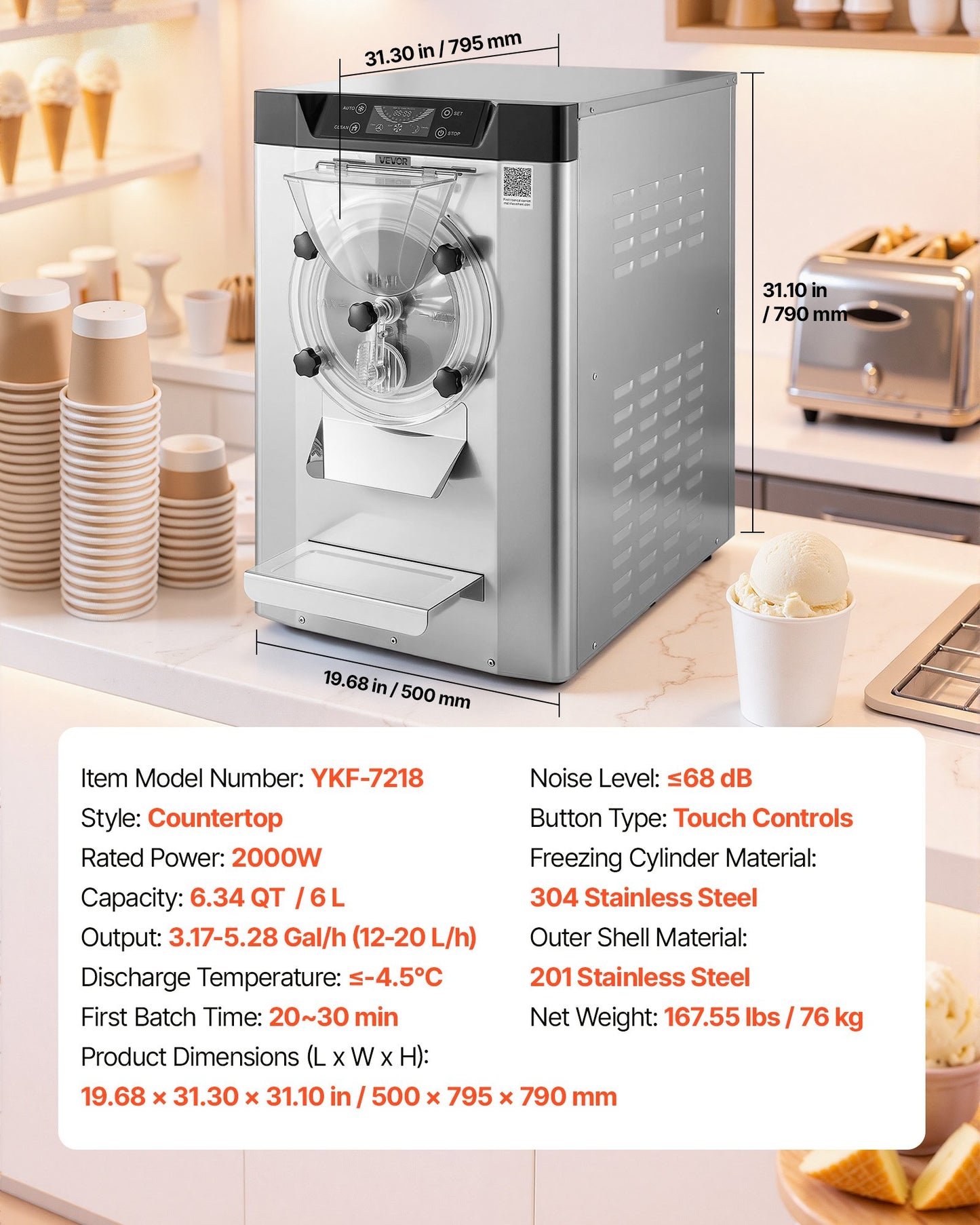Máquina Comercial de Gelado Duro VEVOR 2000W 12-20L/h