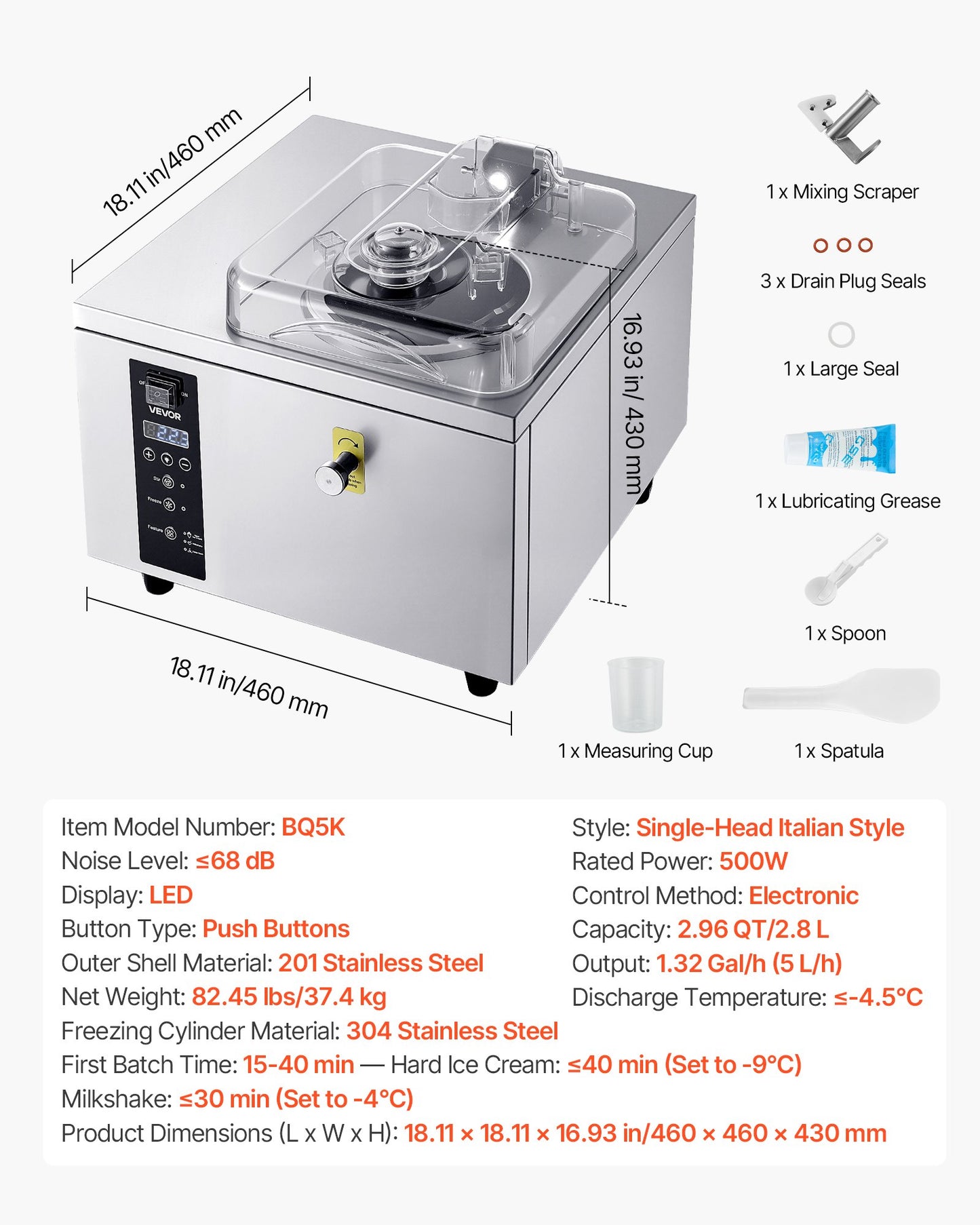 Máquina Comercial de Gelado Duro VEVOR 5L/h 500W