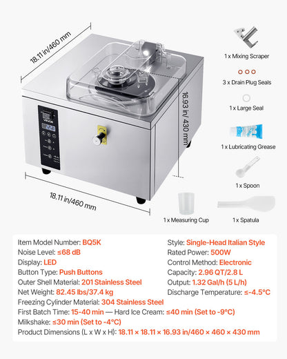 Máquina Comercial de Gelado Duro VEVOR 5L/h 500W