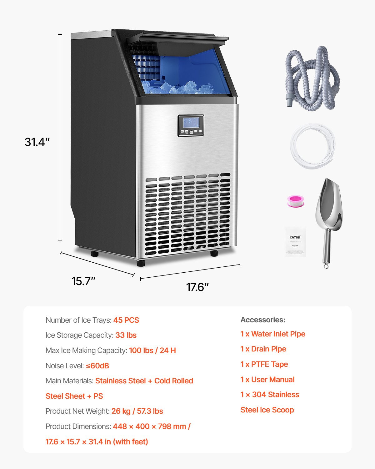 Máquina de Gelo Comercial VEVOR 100lbs/24H com Armazenamento