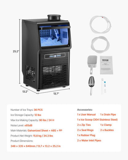 Máquina de Gelo VEVOR 90lbs/24H com Display LED