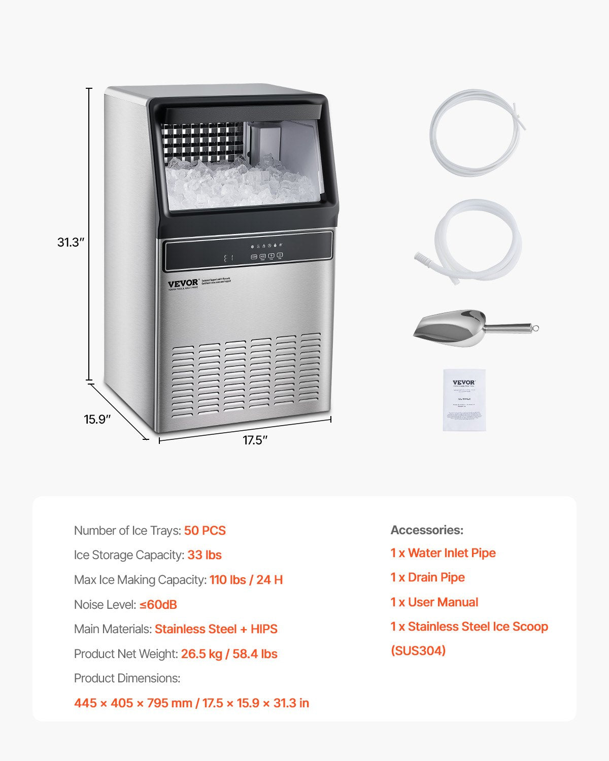 Máquina de Gelo Comercial VEVOR 110lbs/24H com Armazenamento