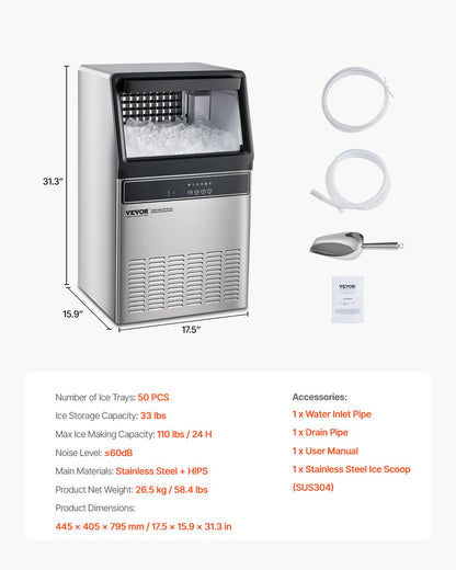 Máquina de Gelo Comercial VEVOR 110lbs/24H com Armazenamento