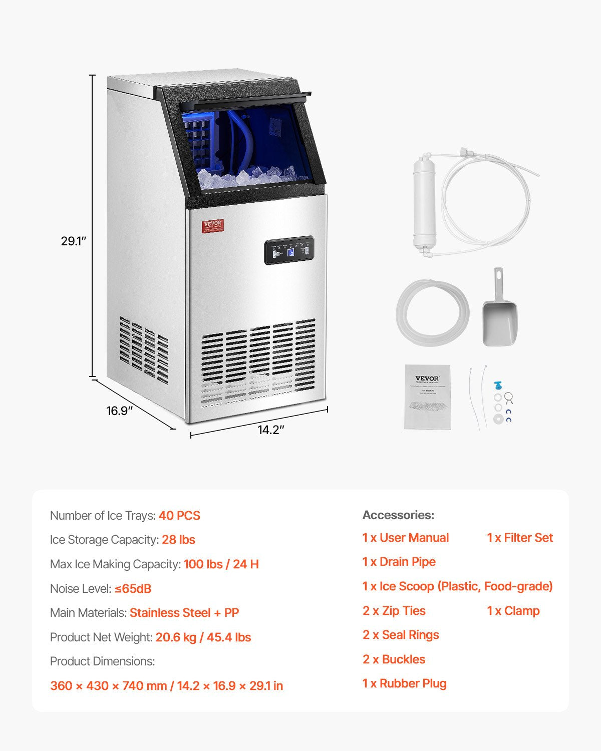 Máquina de Gelo Comercial VEVOR 100lbs/24H com Display LED