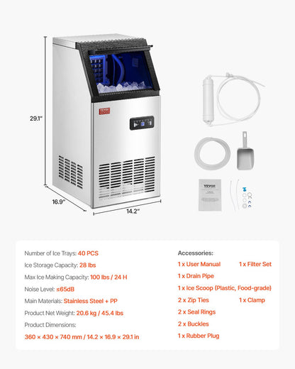 Máquina de Gelo Comercial VEVOR 100lbs/24H com Display LED
