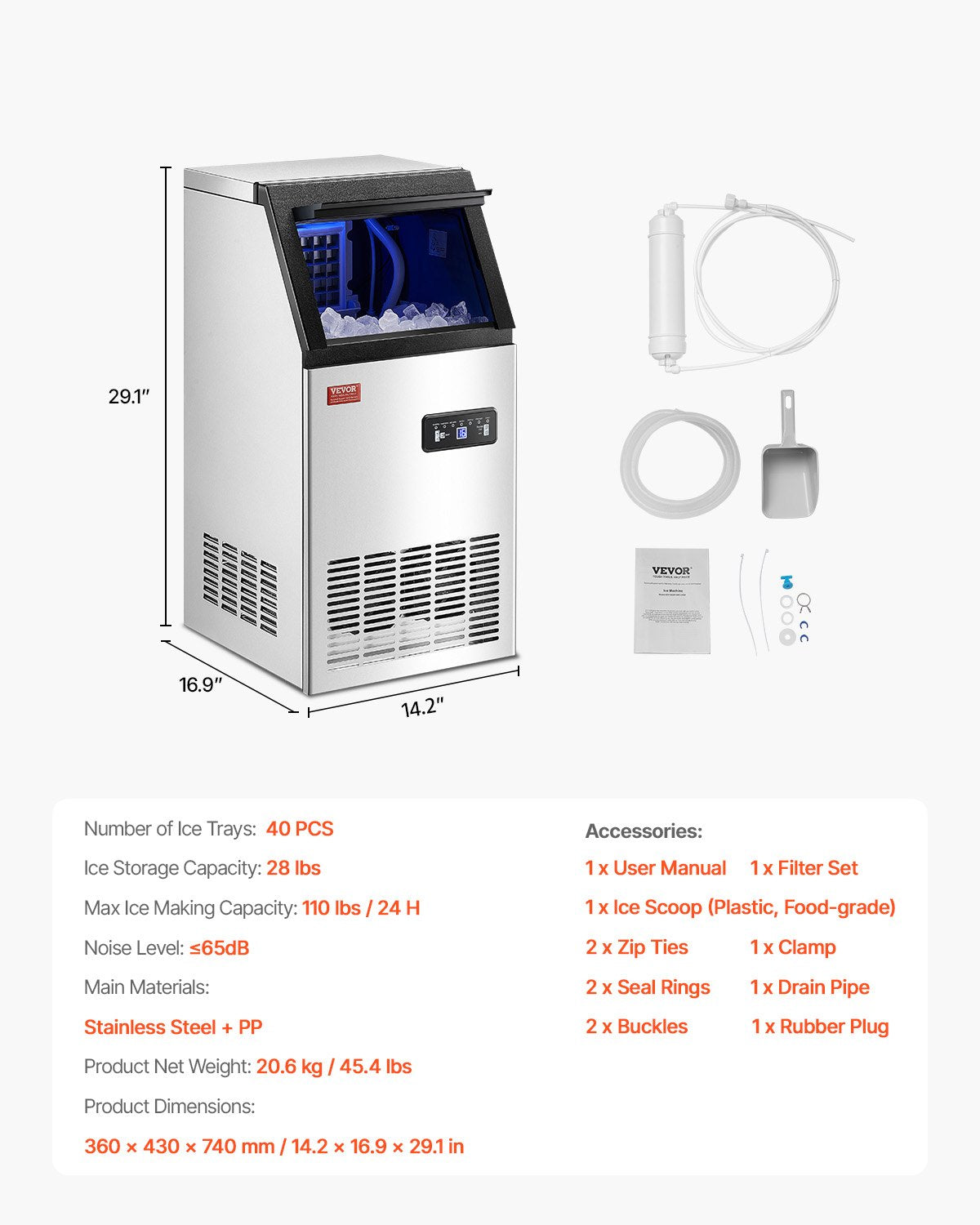 Máquina de Gelo Comercial VEVOR 110lbs/24H com Display LED