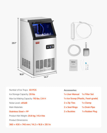 Máquina de Gelo Comercial VEVOR 110lbs/24H com Display LED