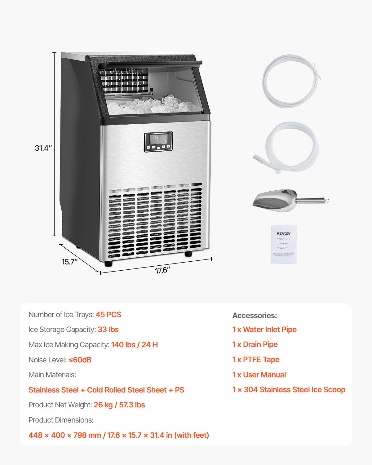 Máquina de Gelo Comercial VEVOR 140lbs/24H Rápida e Silenciosa