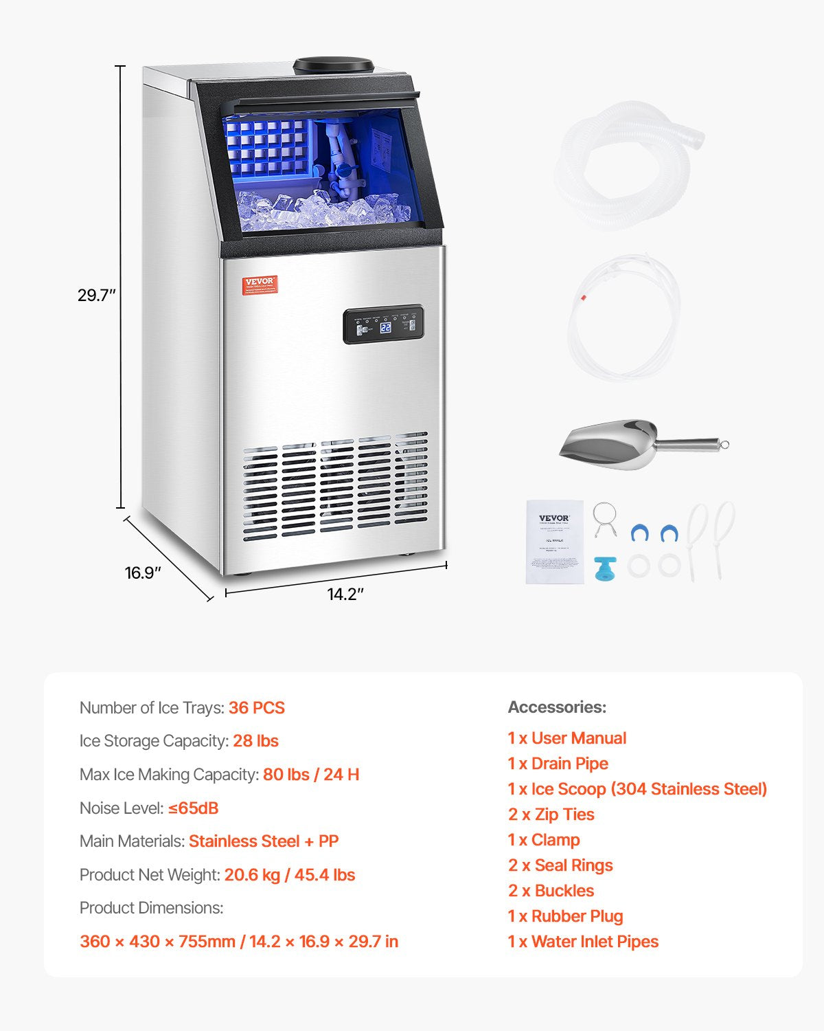Máquina de Gelo Comercial VEVOR 80lbs/24H com Display LED