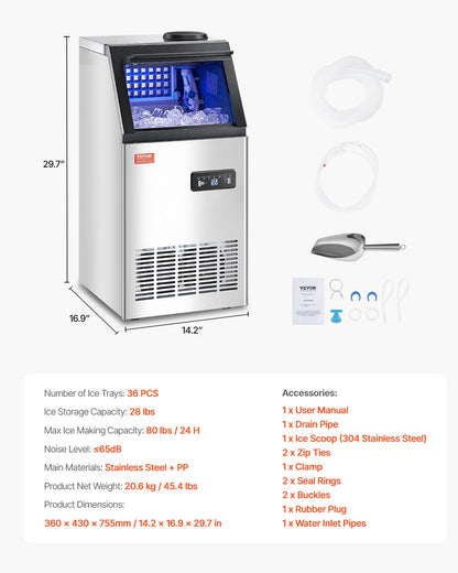 Máquina de Gelo Comercial VEVOR 80lbs/24H com Display LED