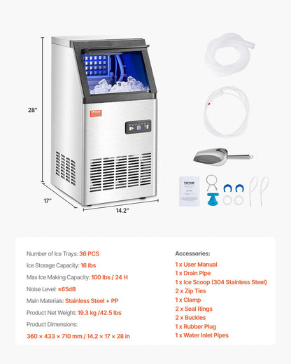 Máquina de Gelo Comercial VEVOR 100lbs/24H com Display LED