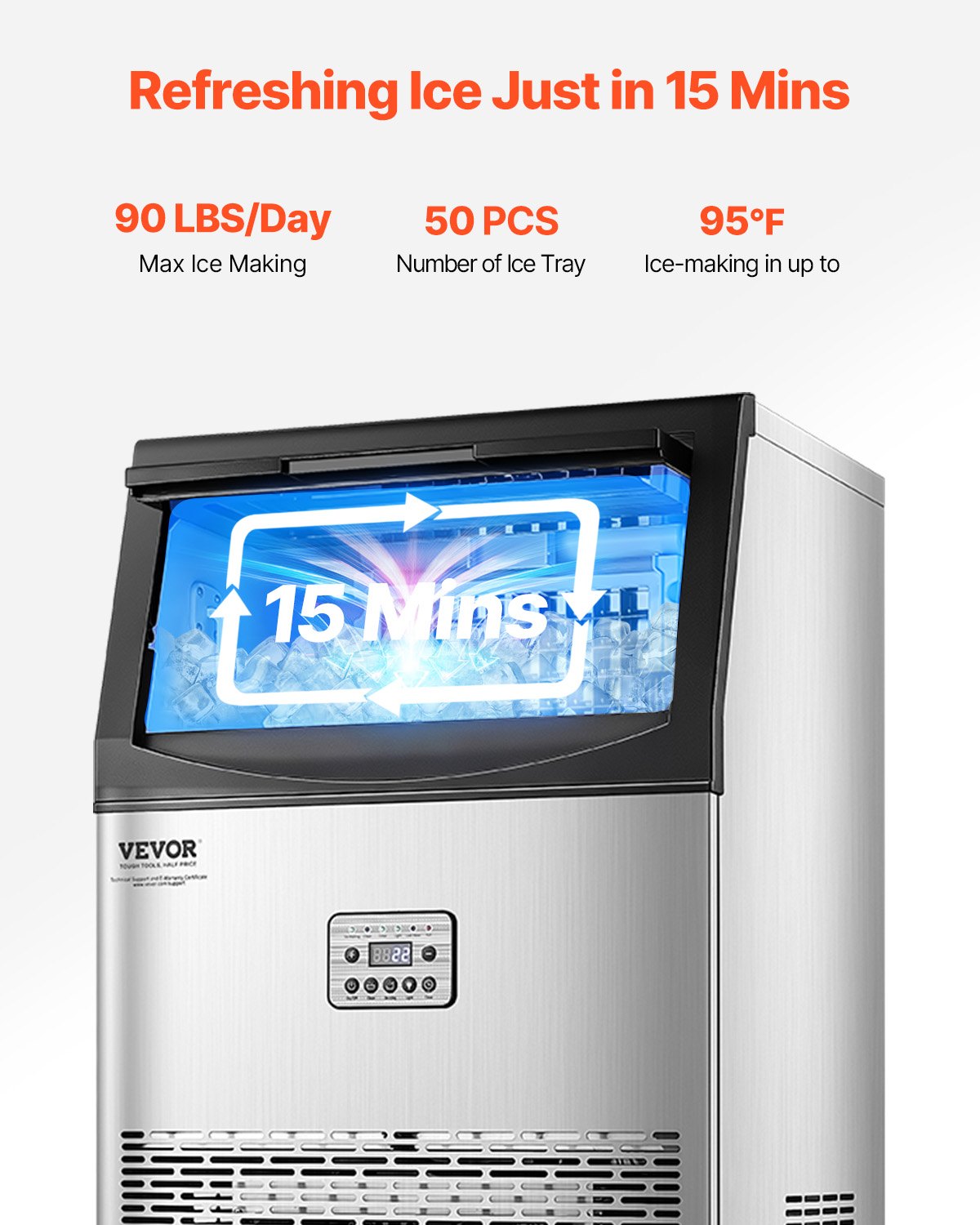 Máquina de Gelo Comercial VEVOR 90lbs/24H com Display LED