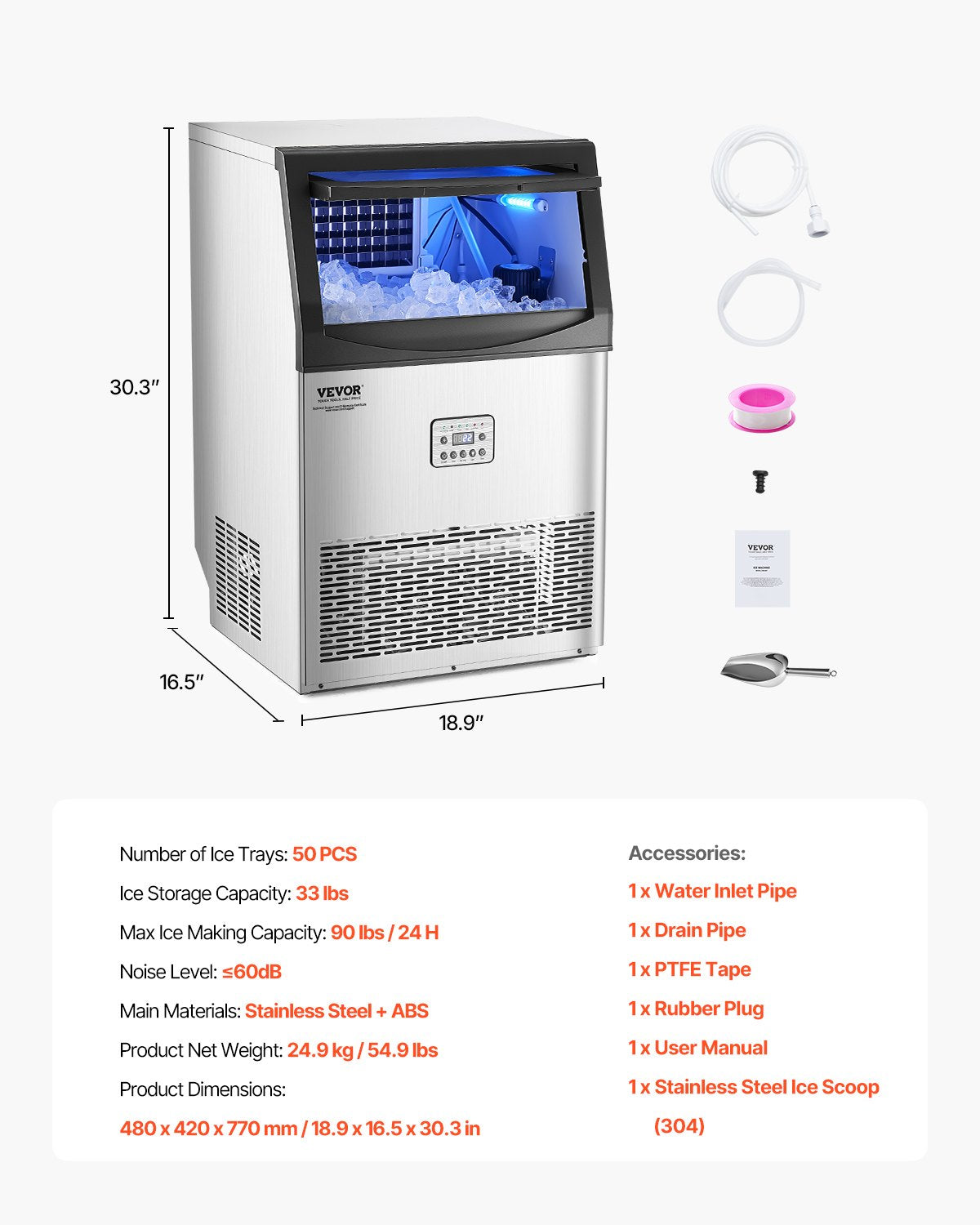 Máquina de Gelo Comercial VEVOR 90lbs/24H com Display LED