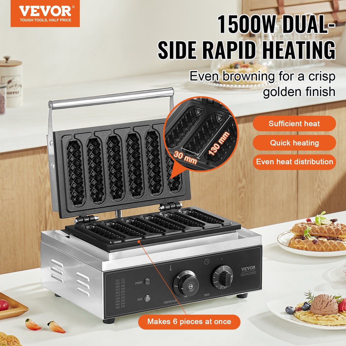 Máquina Profissional de Waffles em Palito 6PCS 1500W