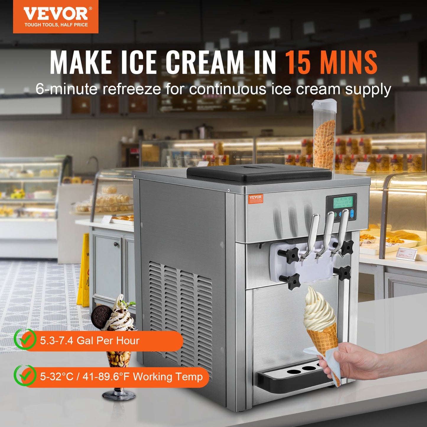 Máquina Gelados Soft Serve 3 Sabores 21 QT/H 1800W