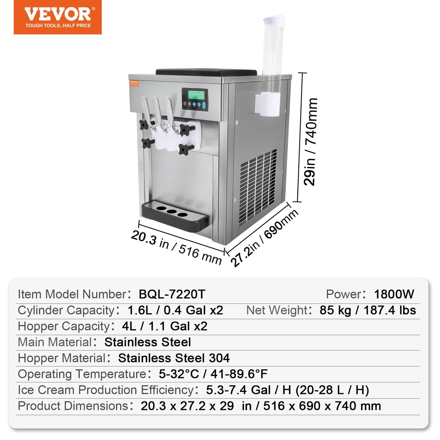 Máquina Gelados Soft Serve 3 Sabores 21 QT/H 1800W