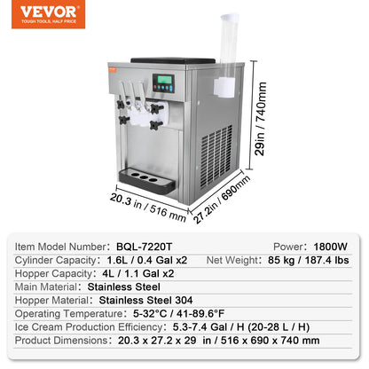 Máquina Gelados Soft Serve 3 Sabores 21 QT/H 1800W