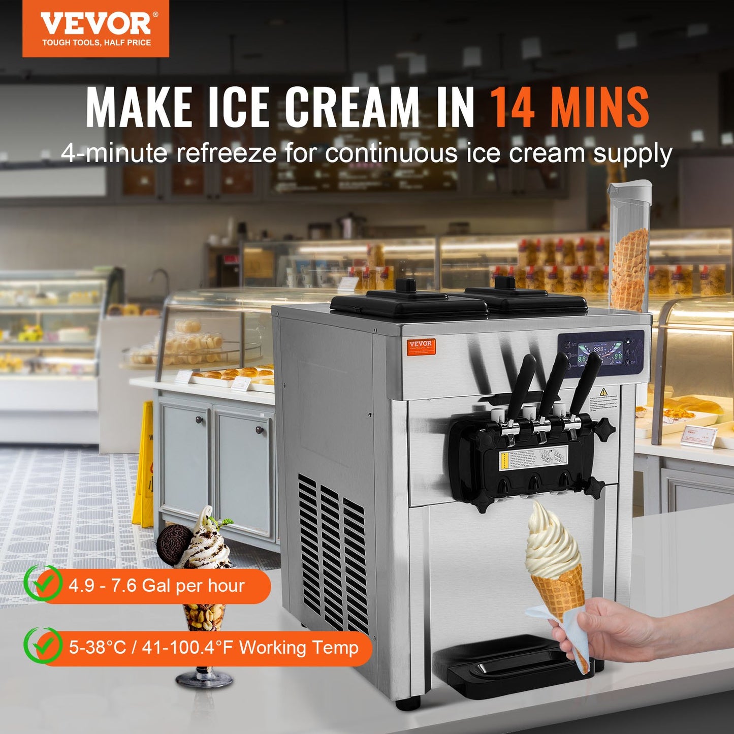 Máquina de Gelados Soft Serve Comercial 3 Sabores 1650W