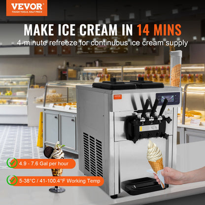 Máquina de Gelados Soft Serve Comercial 3 Sabores 1650W