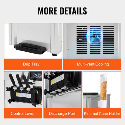 Máquina de Gelados Soft Serve Comercial 3 Sabores 1650W