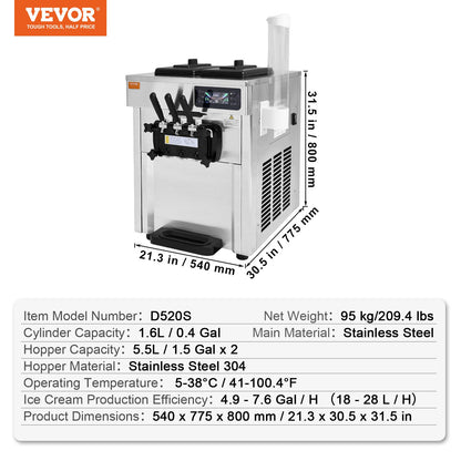 Máquina de Gelados Soft Serve Comercial 3 Sabores 1650W