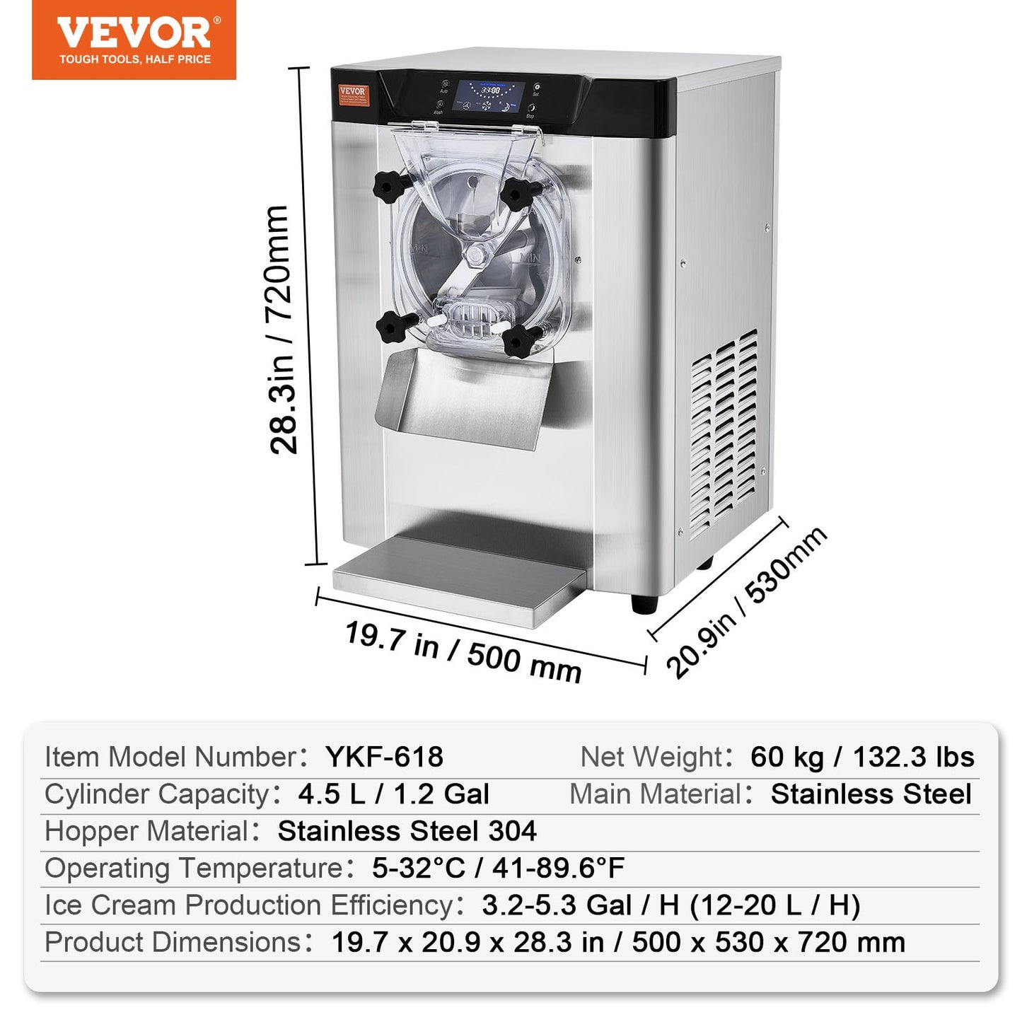 Máquina de Gelados Comercial VEVOR 12L/H, 1295W, 4.5L