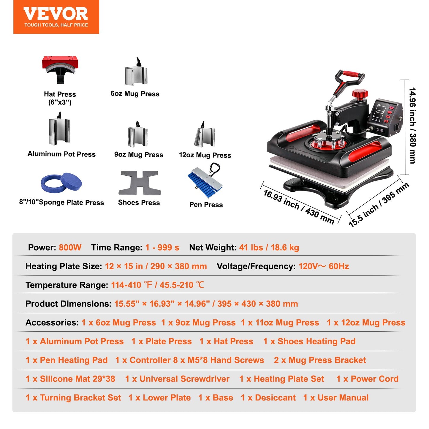 Prensa Térmica VEVOR 15x12'' 11 em 1 Kit Sublimação