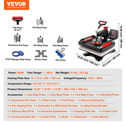 Prensa Térmica VEVOR 15x12'' 11 em 1 Kit Sublimação