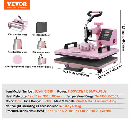 Prensa Térmica 8 em 1 VEVOR 300x380 mm Rosa