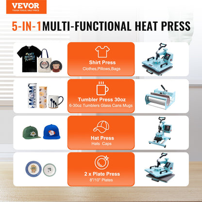 Prensa Térmica VEVOR 300x380 mm 8 em 1 com Tumbler Press