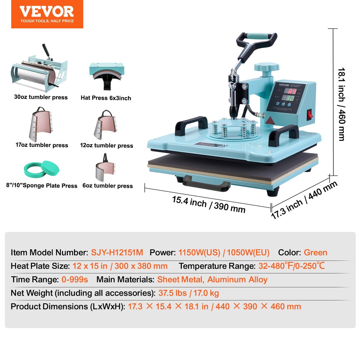 Prensa Térmica VEVOR 300x380 mm 8 em 1 com Tumbler Press