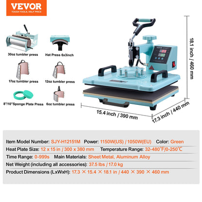 Prensa Térmica VEVOR 300x380 mm 8 em 1 com Tumbler Press