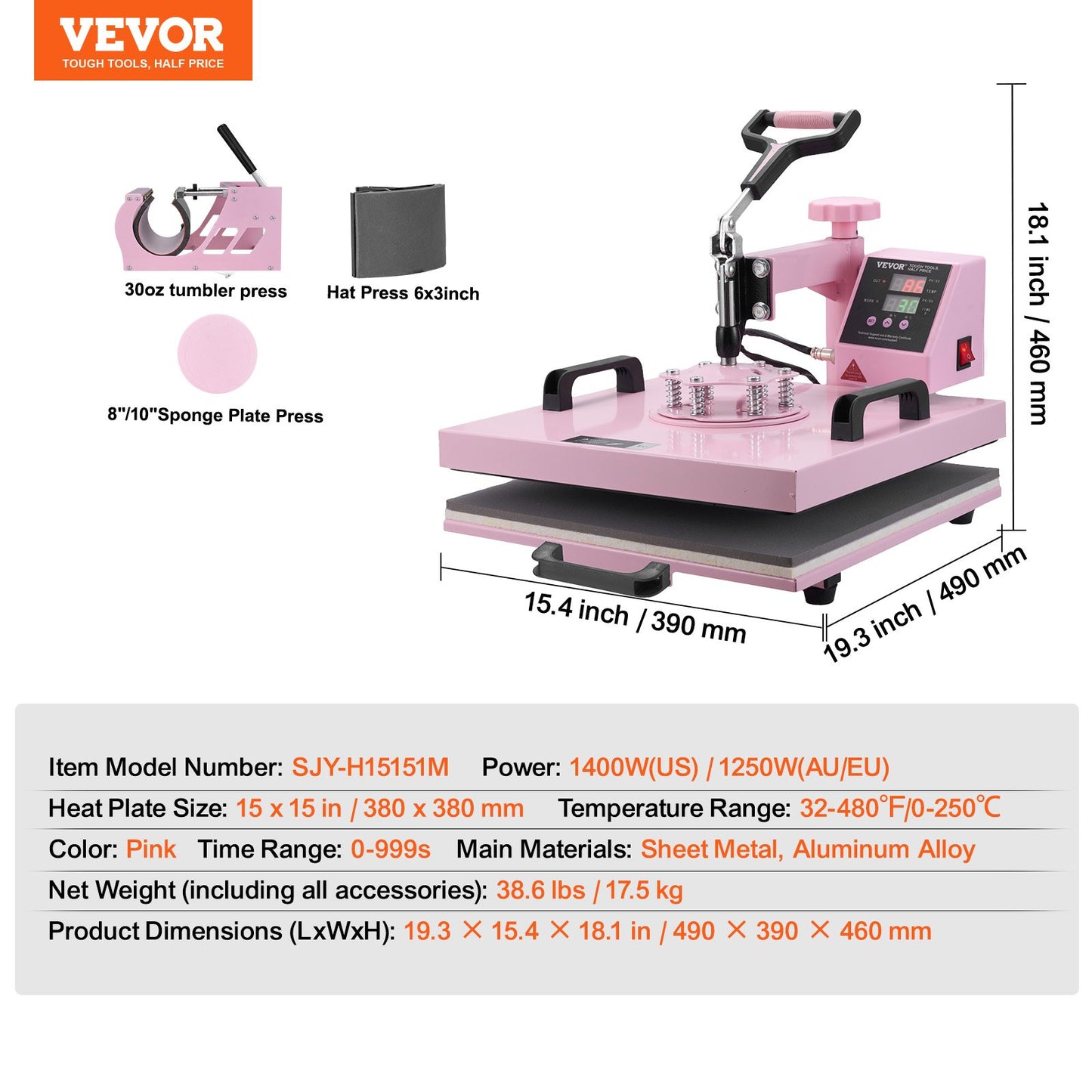 Máquina de Transferência Térmica 5 em 1 VEVOR 380x380 mm Rosa