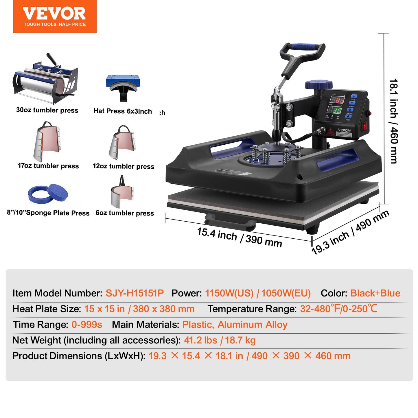 Prensa Térmica 8 em 1 VEVOR 380x380 mm Profissional