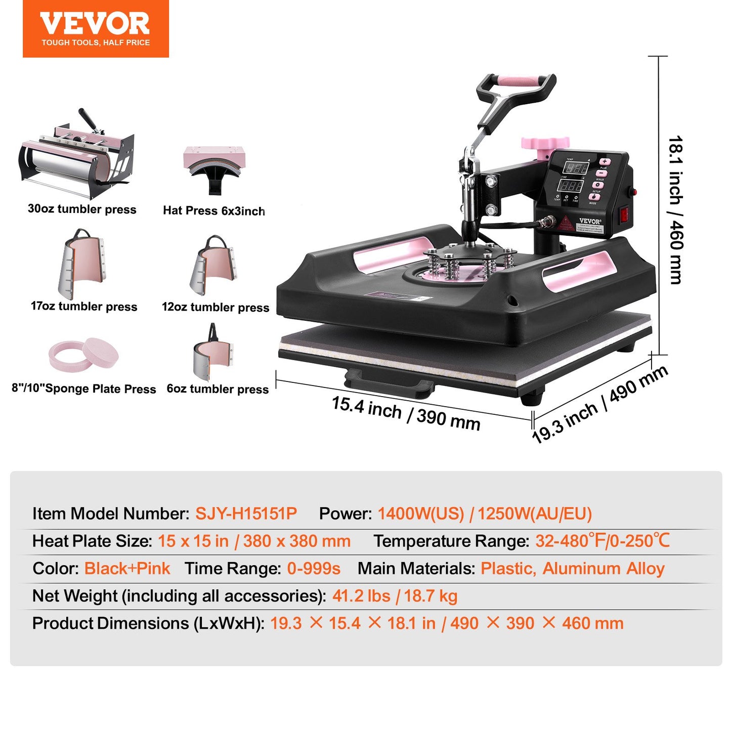 Prensa Térmica 8 em 1 VEVOR 380x380 mm Multifuncional