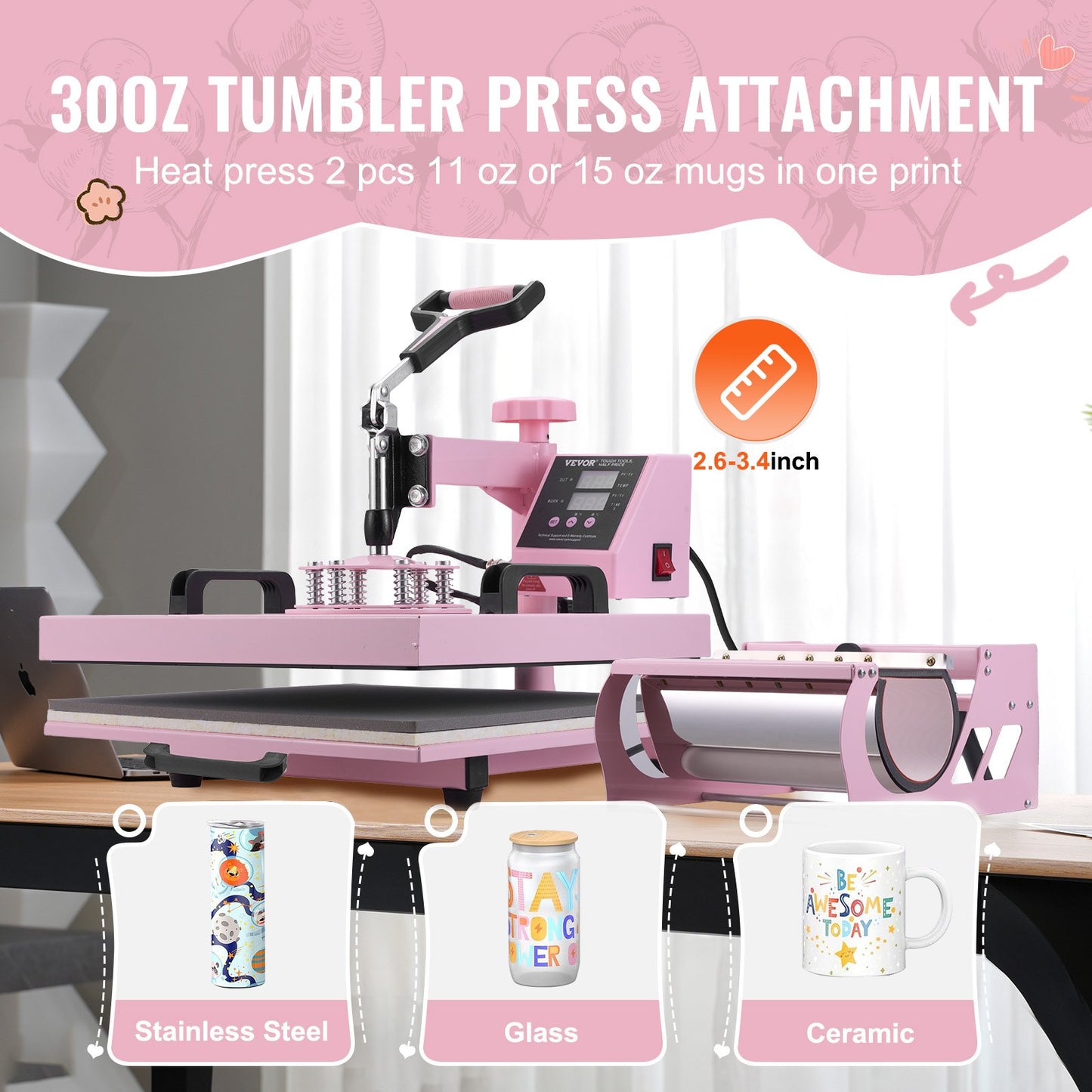 Prensa Térmica VEVOR 380x380 mm 8 em 1 Rosa