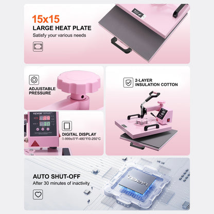 Prensa Térmica VEVOR 380x380 mm 8 em 1 Rosa