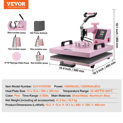 Prensa Térmica VEVOR 380x380 mm 8 em 1 Rosa