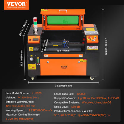 Gravadora Laser CO2 VEVOR 50W 300x500mm Alta Precisão