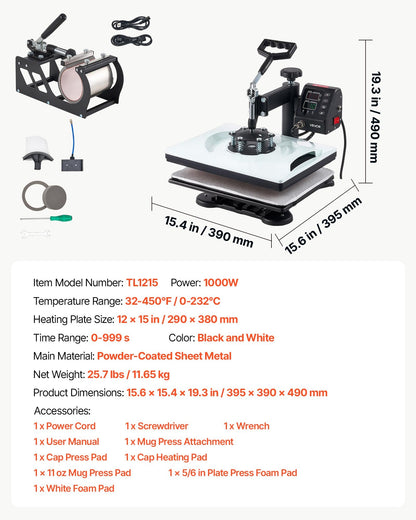 Máquina de Transferência Térmica 5 em 1 VEVOR 290x380 mm
