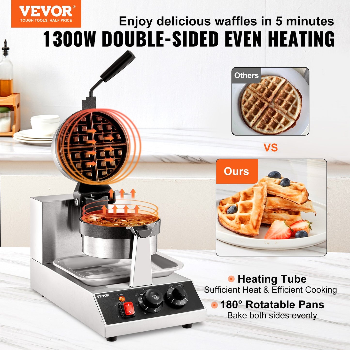 Máquina de Waffles Redonda VEVOR 1300W Rotativa Antiaderente
