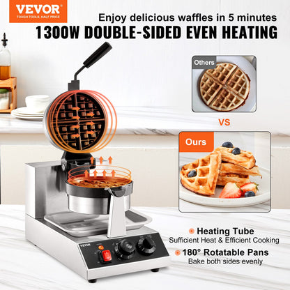 Máquina de Waffles Redonda VEVOR 1300W Rotativa Antiaderente