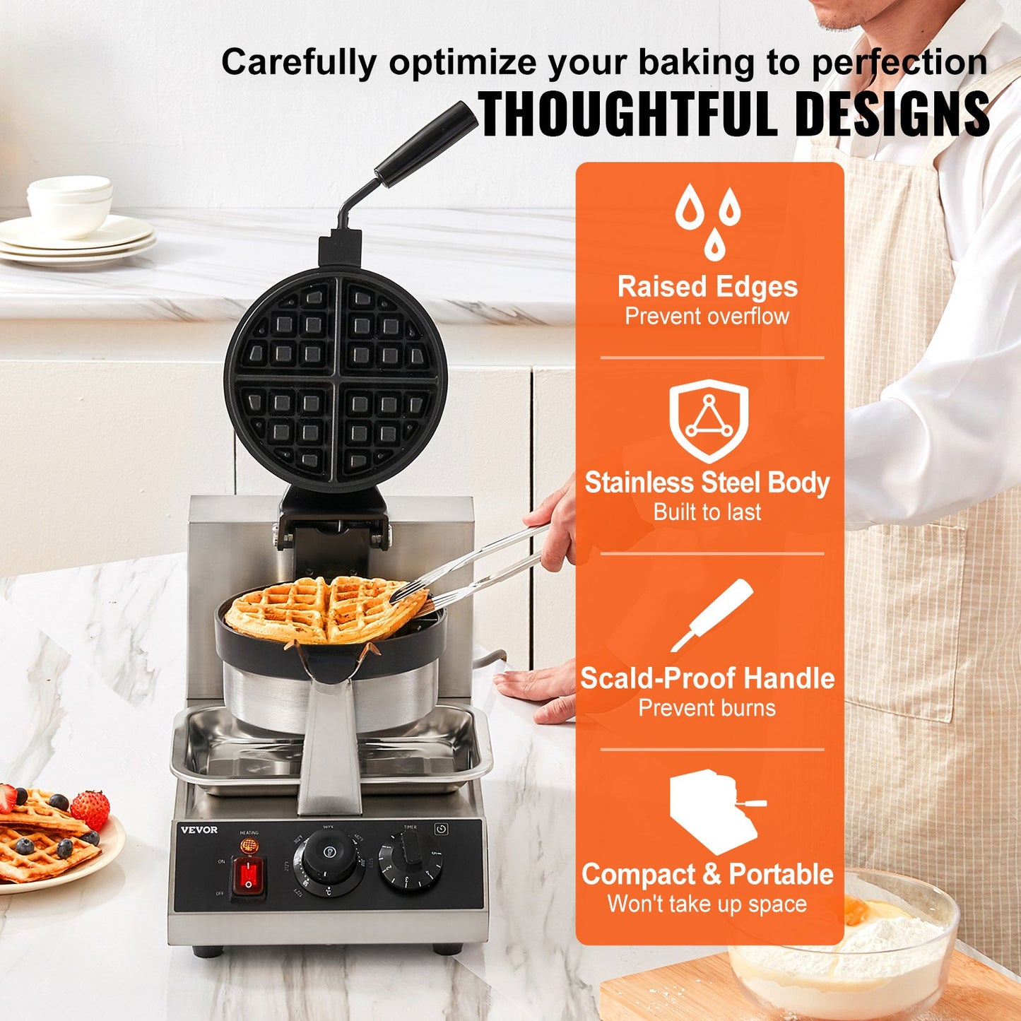 Máquina de Waffles Redonda VEVOR 1300W Rotativa Antiaderente